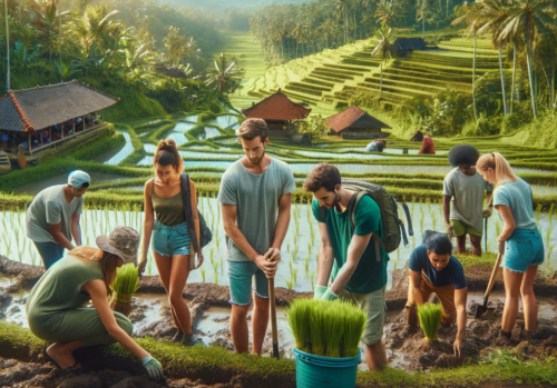 Image depicting a group of diverse volunteers engaged in agricultural activities in a rice field in Bali, Indonesia. The background features lush green rice terraces and a distant Balinese temple, highlighting the traditional landscape of the region. The volunteers, dressed in casual outdoor attire, are shown planting and tending to rice plants in a collaborative and friendly manner, illustrating the concept of contributing positively to local communities through travel and volunteering.