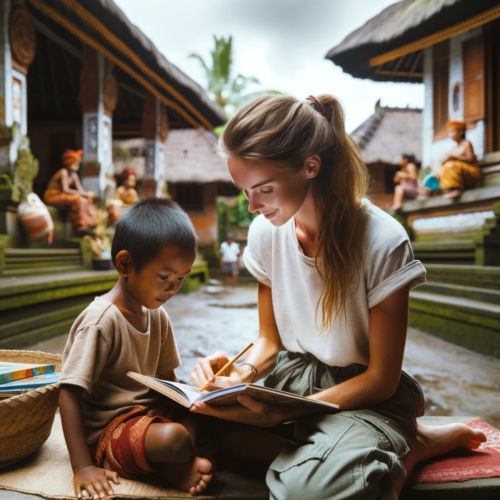 Volunteer of diverse background engaging in a reading activity with a Balinese child outdoors, with traditional Balinese architecture in the background.