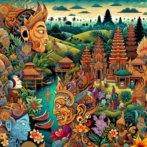 An illustration showcasing the diversity of Balinese body art, featuring intricate tattoo designs with cultural motifs such as mythological figures and nature-inspired patterns. The image also includes representations of traditional Balinese piercings, set against a backdrop of Bali's lush landscapes and cultural symbols, conveying the essence of the island's body art traditions.