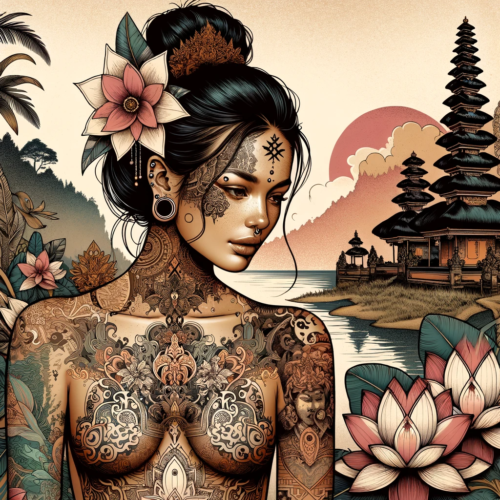 Illustration of a female figure with traditional Balinese tattoos and piercings. She is adorned with intricate, nature-inspired tattoo designs and elegant piercings. The background features elements of Bali's lush landscapes, including lotus flowers and traditional Balinese architecture, capturing the island's cultural essence.